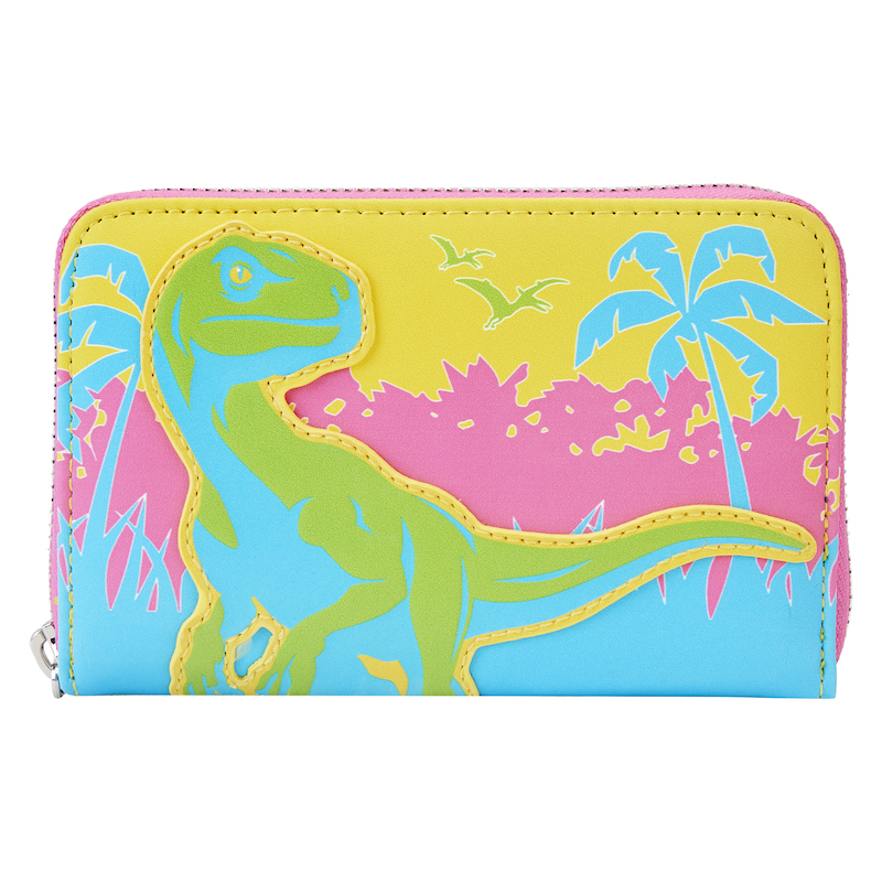 Neon pink, yellow, and blue wallet featuring a Velociraptor from Jurassic Park on the front